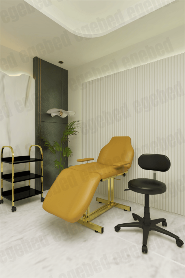 Cilt Bakım Yatağı Seti – Plastik Ayaklı Uzman Tabure ve Gold Detaylı Üç Raflı Etejer (Amerika Model)