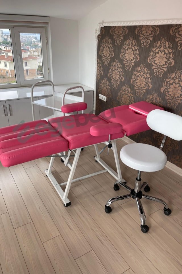 3'lü Cilt Bakım Sedye Seti-Tattoo Koltuğu-Uzman Taburesi ve Etejer-Pembe