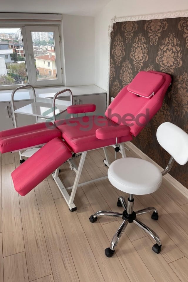 3'lü Cilt Bakım Sedye Seti-Tattoo Koltuğu-Uzman Taburesi ve Etejer-Pembe