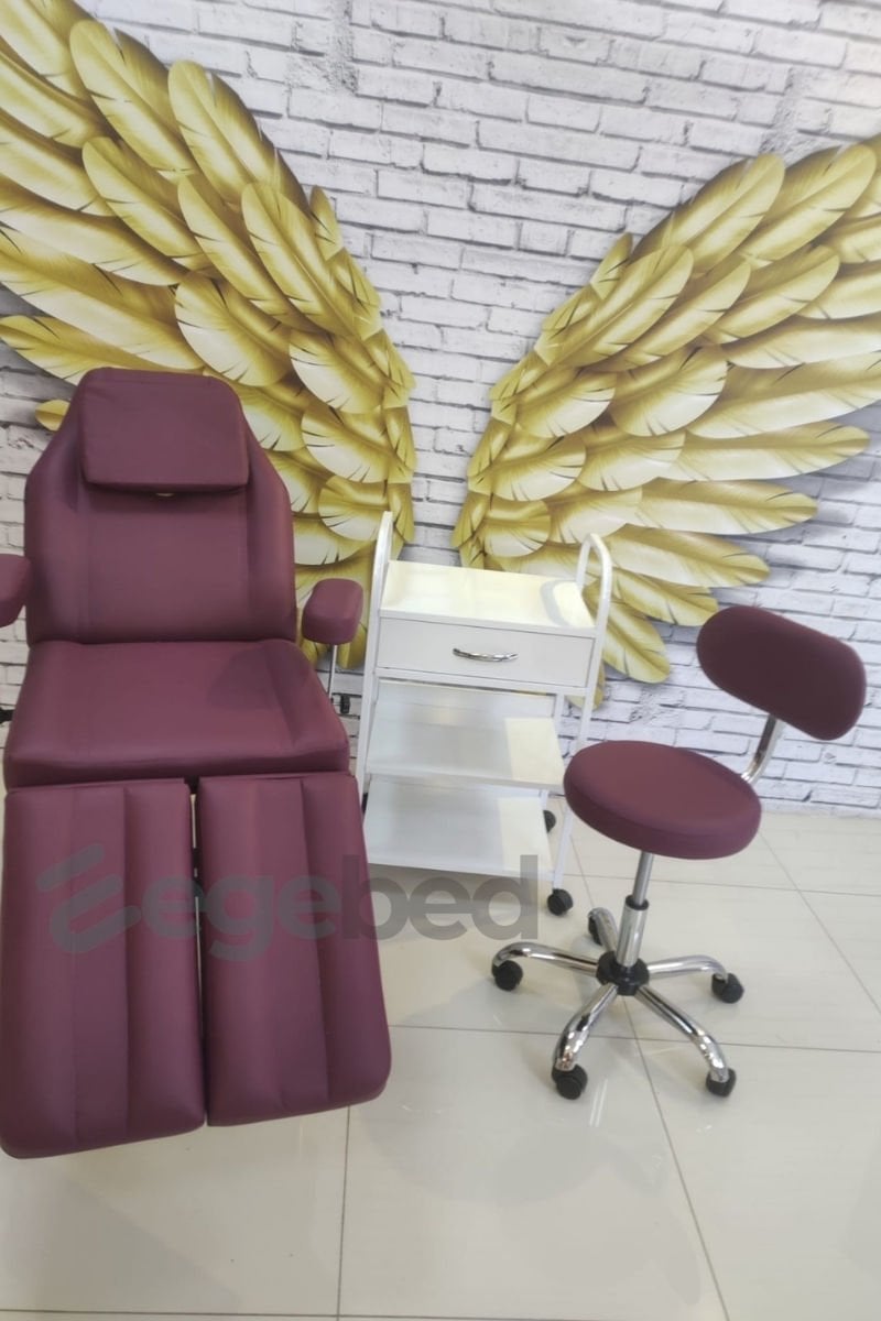 3'lü Cilt Bakım Sedyesi - Tattoo Koltuğu ,Uzman Taburesi ve Etejer-Mürdüm