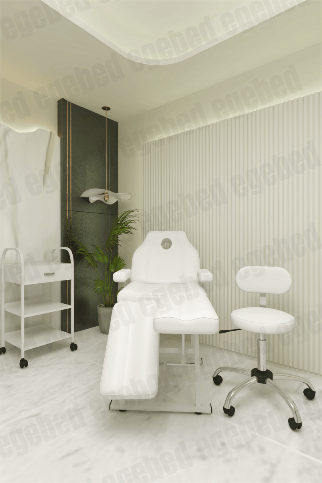 Cilt Bakım Yatağı Seti – Krom Ayak Tabure ve Tek Çekmeceli Etejer (Milano Model)