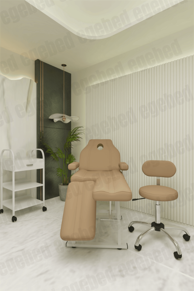 Cilt Bakım Yatağı Seti – Krom Ayak Tabure ve Tek Çekmeceli Etejer (Milano Model) 05 Camel