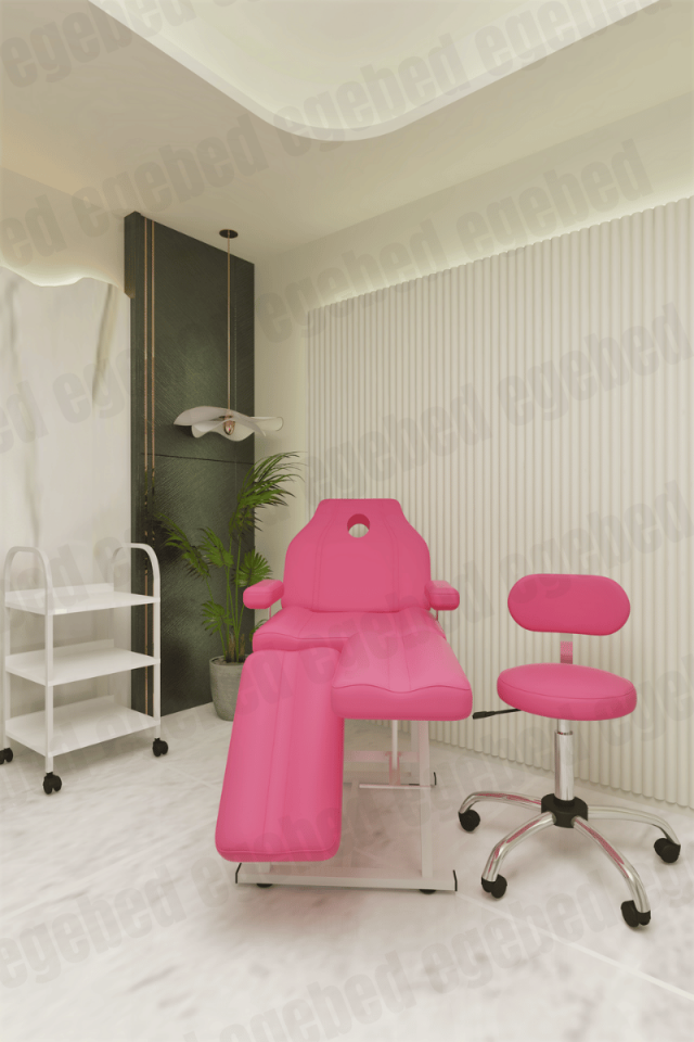 Cilt Bakım Yatağı Seti – Krom Ayak Tabure ve Tek Çekmece Etejer (Roma Model) 22 Pembe