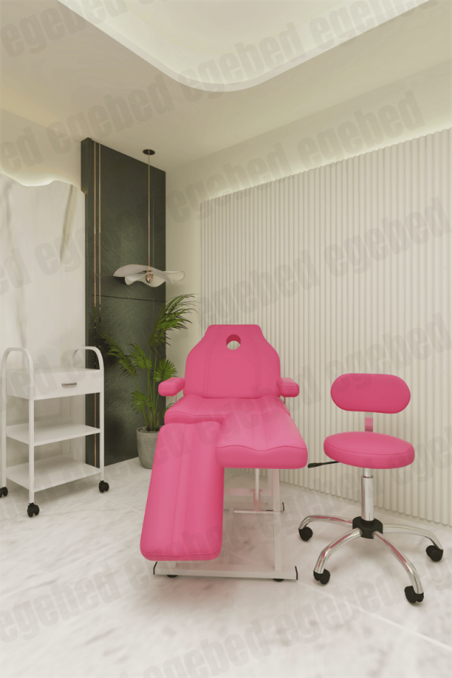 Cilt Bakım Yatağı Seti – Krom Ayak Tabure ve Tek Çekmeceli Etejer (Milano Model) 22 Pembe