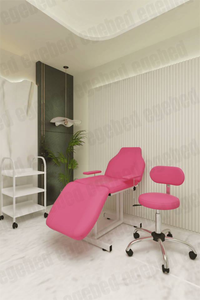 Cilt Bakım Yatağı Seti – Krom Ayak Tabure ve Üç Raflı Etejer (Berlin Model) 22 Pembe