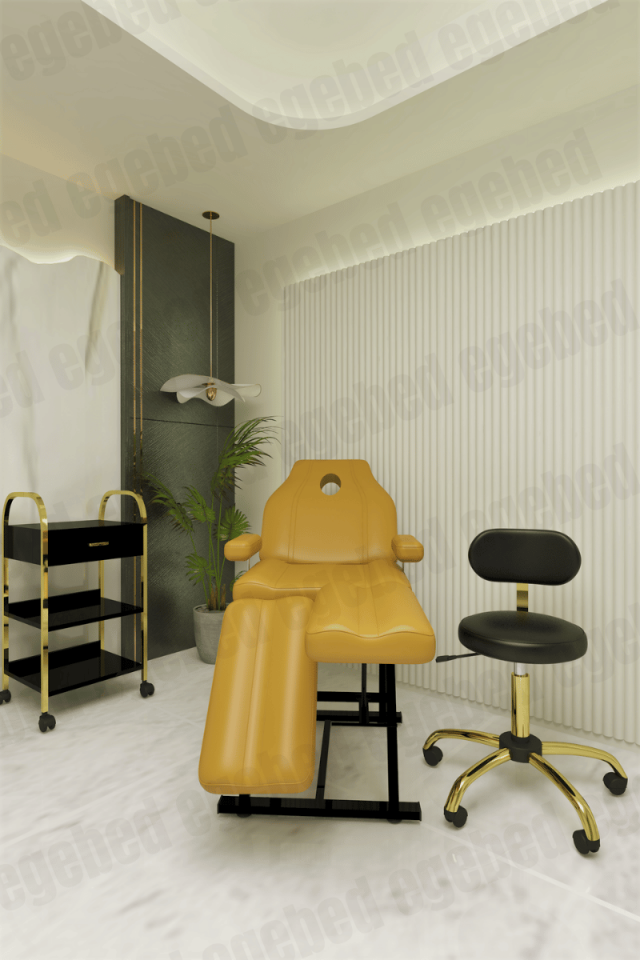 Cilt Bakım Yatağı Seti – Gold Krom Ayaklı Tabure ve Gold Tek Çekmeceli Etejer (Kore Model)