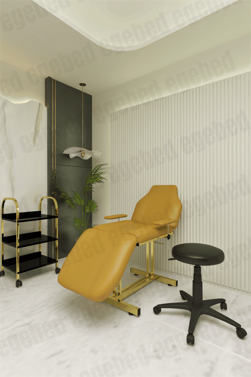 Gold Cilt Bakım Yatağı Seti – Plastik Ayak Tabure ve Gold Detaylı Üç Raflı Etejer (İspanya Model)