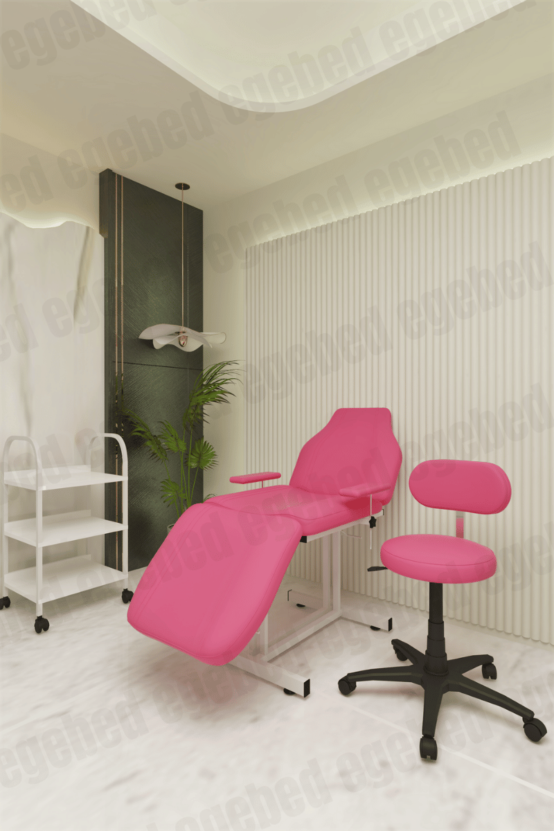 Pembe Cilt Bakım Yatağı- Plastik Ayak Uzman Tabure- Üç Raflı Etejer