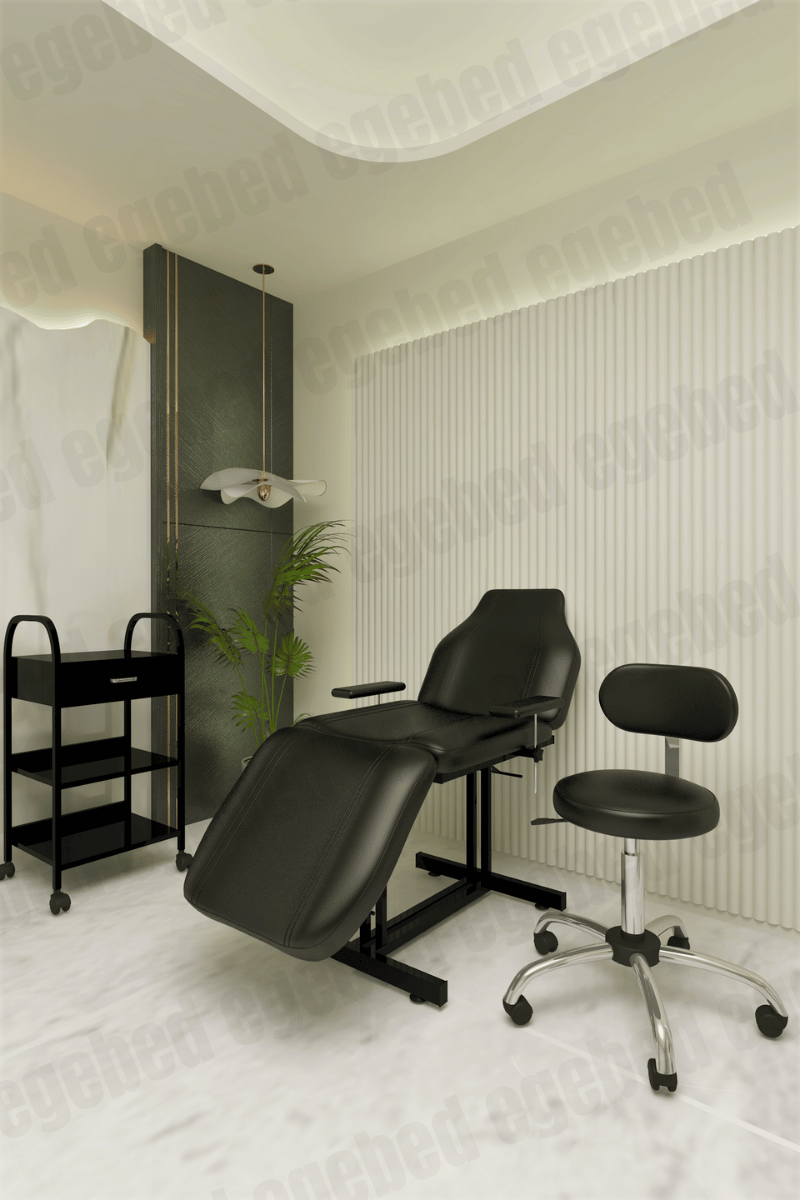 Siyah Cilt Bakım Sedye Krom Ayak Uzman Tabure Tek Çekmeceli Etejer Set