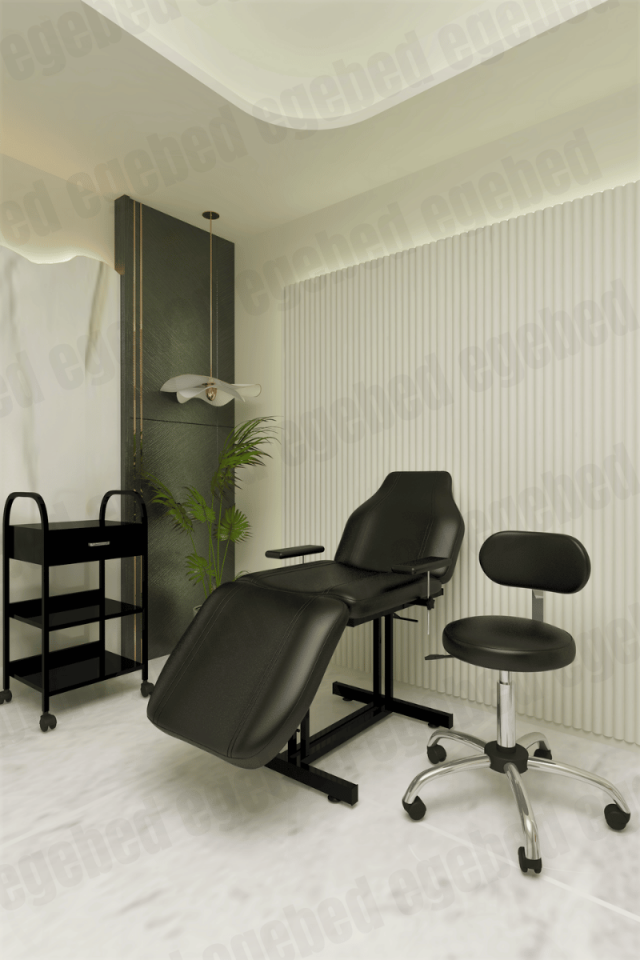 Siyah Cilt Bakım Sedye Krom Ayak Uzman Tabure Tek Çekmeceli Etejer Set